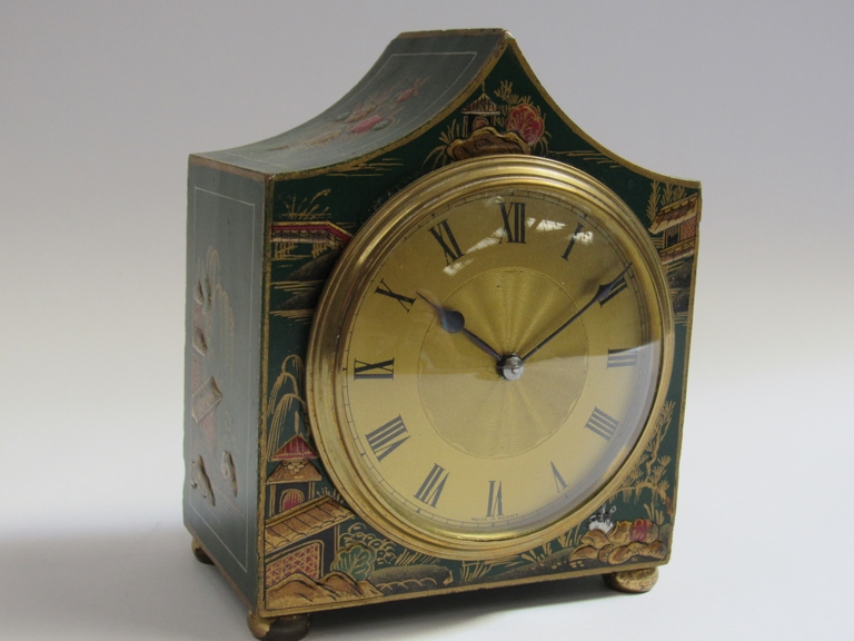 An early 20th Century French green chinoiserie cased timepiece, 8 day drum movement with Swiss lever