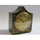 An early 20th Century French green chinoiserie cased timepiece, 8 day drum movement with Swiss lever