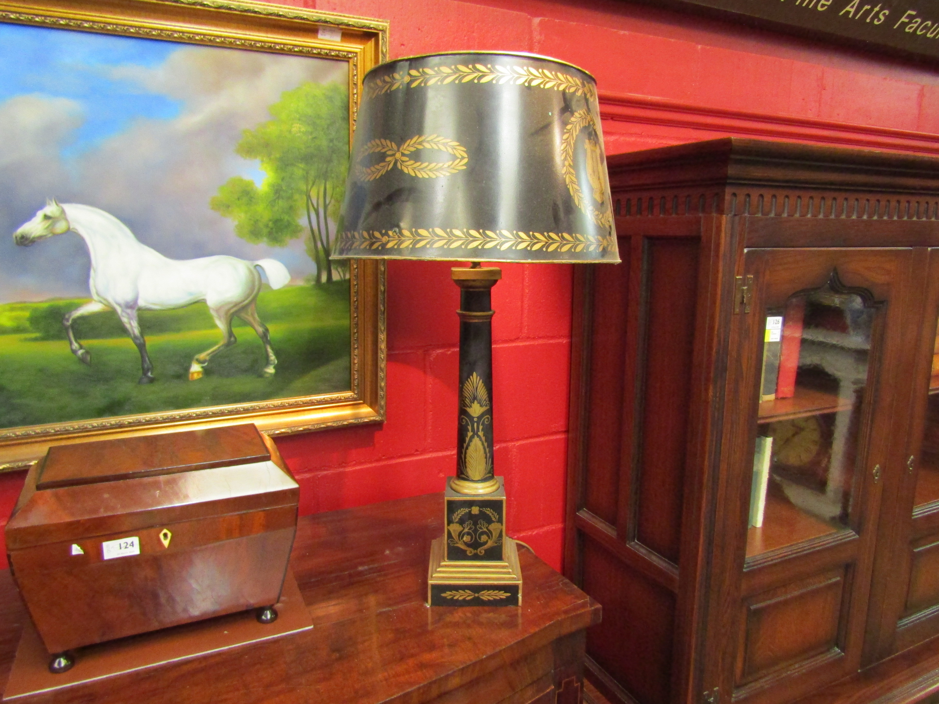 A pair of decorative Chinoisserie style electric table lamps with matching metal shades - Image 2 of 2