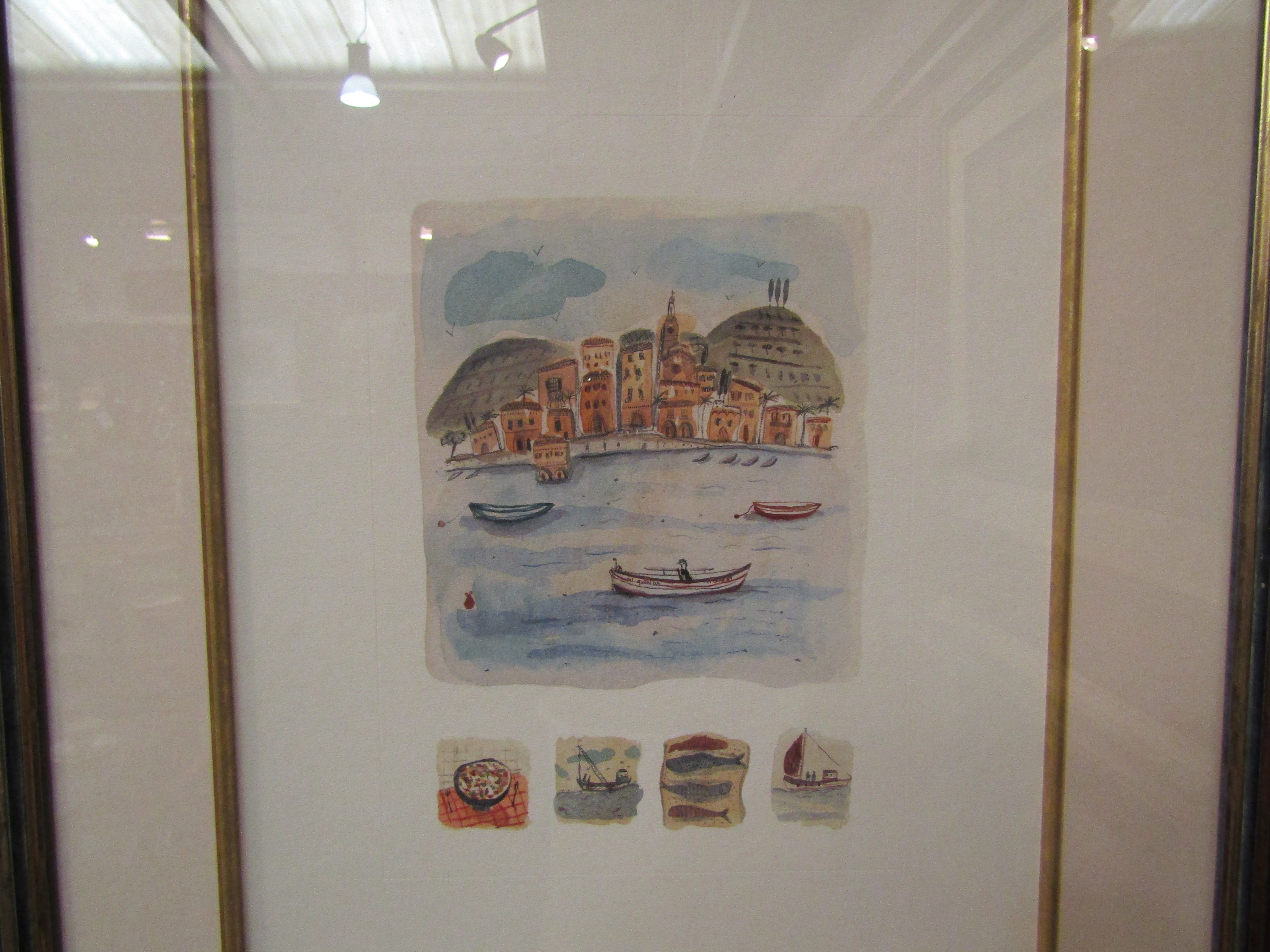 A modern Italian scene fishing village framed and glazed 42cm x 33cm