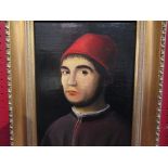 An oil on canvas portrait of man wearing a fez,
