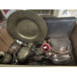 A box of mixed metalwares including silver napkin rings,