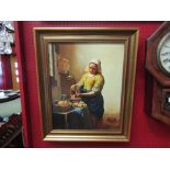 A 20th Century oil on canvas of maid in bakery, signed R.