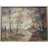 KAY ROBSON (XX) A framed oil on canvas of an Autumn Woodland path,