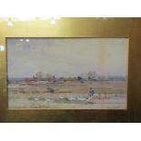 FRANK RICHARDS: Watercolour depicting Northern European rural scene, figure with geese,