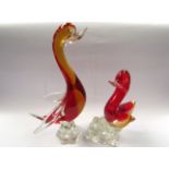 Murano Art Deco red and amber glass duck on clear glass mount (20cm) plus similar item (28cm) (2)
