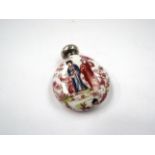 A porcelain scent / snuff bottle with silver (hallmarked) screw top, 4cm diameter,