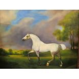 A 20th Century oil on canvas depicting white stallion, unsigned, gilt framed,