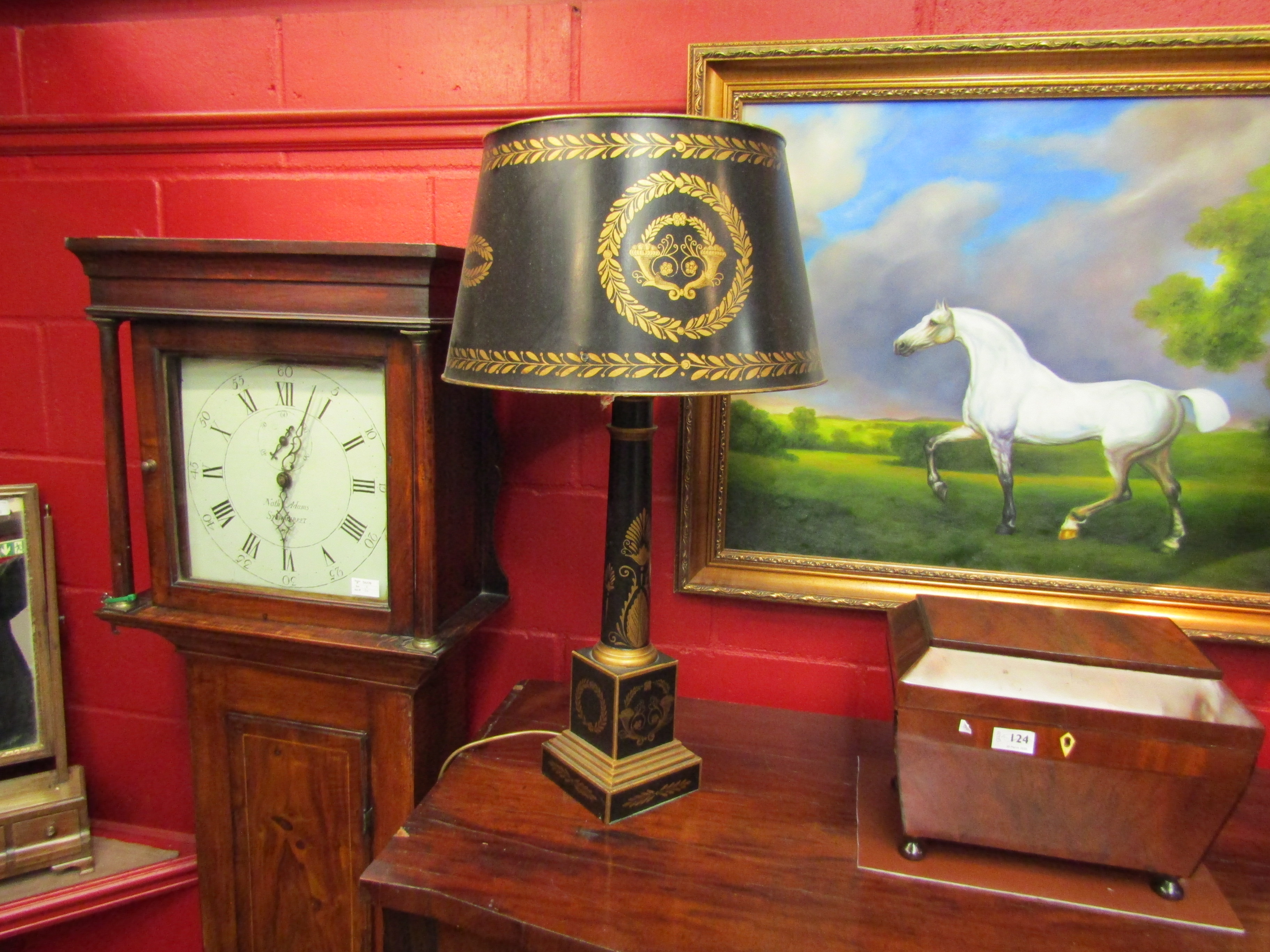 A pair of decorative Chinoisserie style electric table lamps with matching metal shades