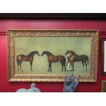 A large 20th Century oil on canvas depicting three horses and handler in 19th Century dress,