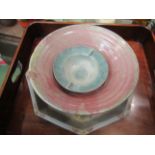 A studio pottery decorated tray with potter and pottery seals, a large studio pottery bowl,