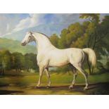 A 20th Century oil on canvas of a white stallion, unsigned, gilt framed,