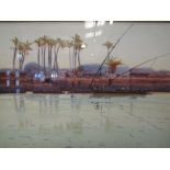 FRANK RICHARDS: Watercolour depicting Egyptian Nile scene, figures, boats and palm trees,