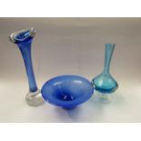 Three pieces of blue art glass, a dish (14cm diameter),