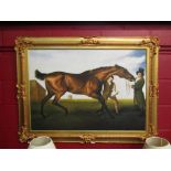 A large 20th Century oil on canvas depicting horse and handlers, unsigned, period frame,