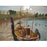 A framed and glazed oil on board, moored boats on quayside, unsigned work,