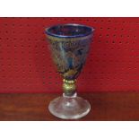 A Johnathan Harris Studio glass goblet with blue mottled glass with gilt overlay,
