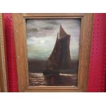 A naive oil on board of sailing vessel in moonlight,