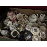 A box of mixed ceramics including Wedgwood and Cauldon coffee sets, posies, Aynsley vases,