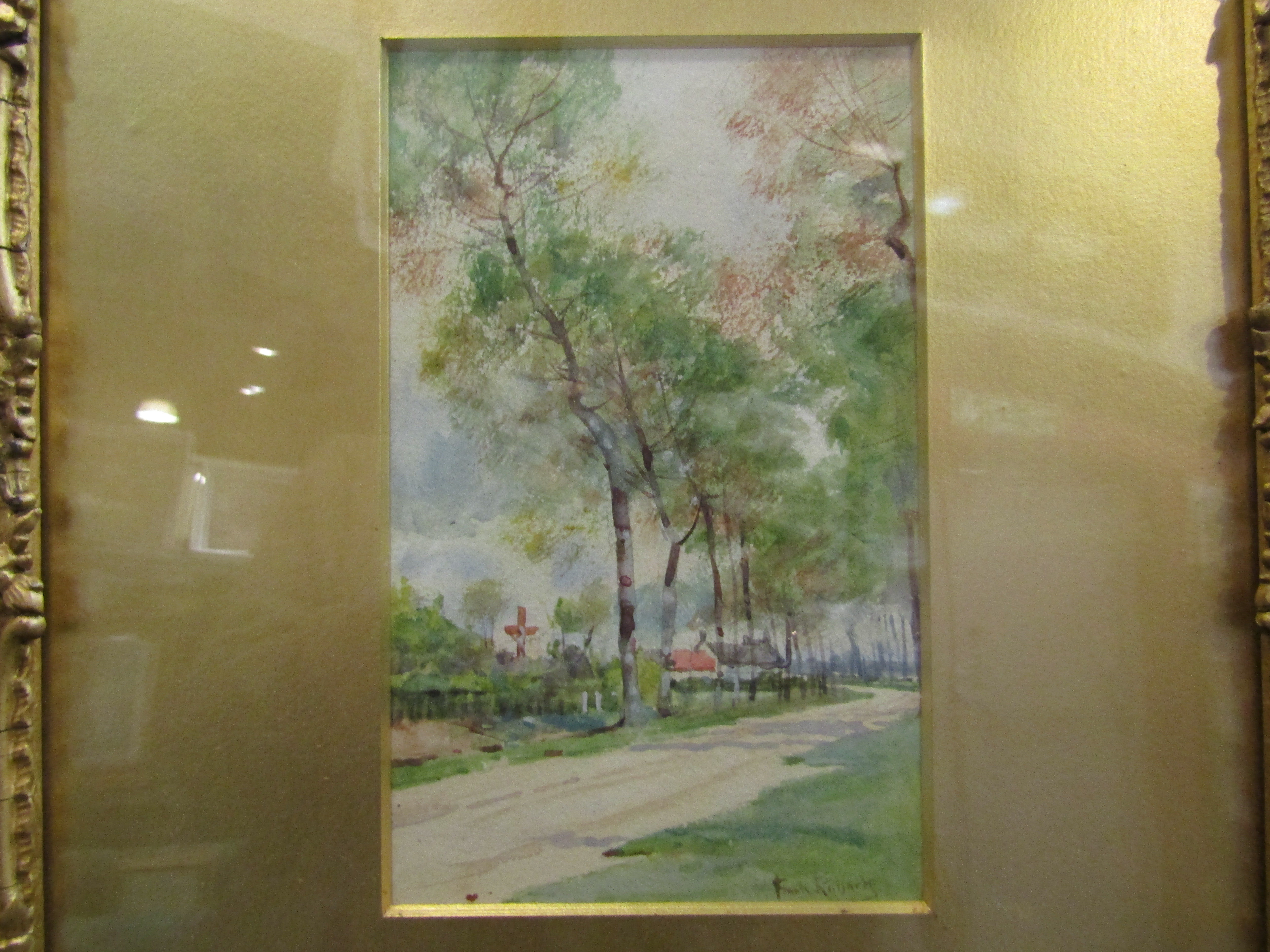 FRANK RICHARDS: Watercolour depicting rural French street scene with buildings and trees,