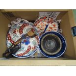 A box of 20th Century Oriental plates and bowls including Imari,