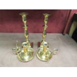 Two pairs of antique brass candlesticks (one pair of ejector and one pair of small chambersticks