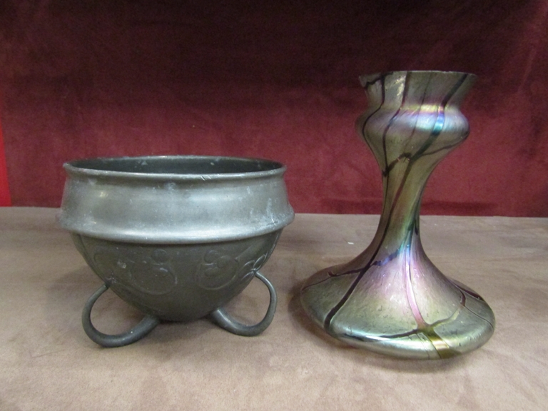 A Tudric pewter Art Nouveau jardiniere (water damaged) and an Art Nouveau iridescent glass vase (2)