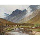 A framed and glazed watercolour depicting shepherd and flock in Highland valley,