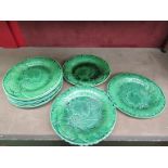 Ten Victorian green leaf plates.