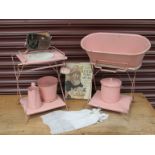 A French painted tin dolls bathroom suite comprising wash stand with mirror, bowl, soap dish,