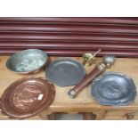 A pewter dish and a 19th Century lead shaving dish, blank cartouche detail, copper dish and sieve,