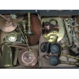 Two boxes of copper and brass ornamentals
