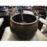 A Victorian copper cauldron with iron swing handle and a modern coal scoop (2)