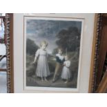 A coloured mezzotint of children and a colour print (2 - in ornate frames)