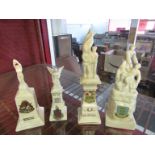 Four crested ware memorial figures including Hull Soldier's War Memorial