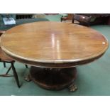 A Victorian mahogany circular tilt top breakfast table, chamfered column,