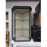 A green painted Victorian part glazed open hanging corner cabinet,