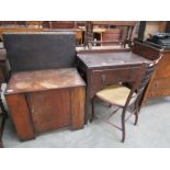 A 1940's cupboard with bookshelf sides and a 1940's oak single drawer side table and a chair (3)