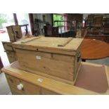 A stripped and waxed pine tool box with fitted interior