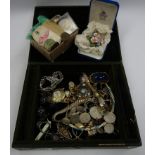 A box of bijouterie including brooches, coin necklace, penknife,