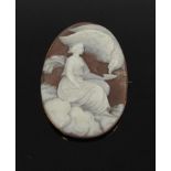 An oval cameo brooch "Hebe feeding the Eagles" in gold frame, unmarked, 5cm x 3.5cm, 8.