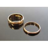 A 9ct gold band, 5mm wide. Size M, 4.2g and a 9ct gold band, 2mm wide. Size K, 1.