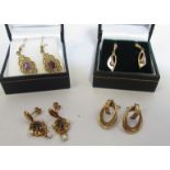 Four pairs of earrings including 9ct gold amethyst drop and 9ct gold pearl and garnet drop (gold