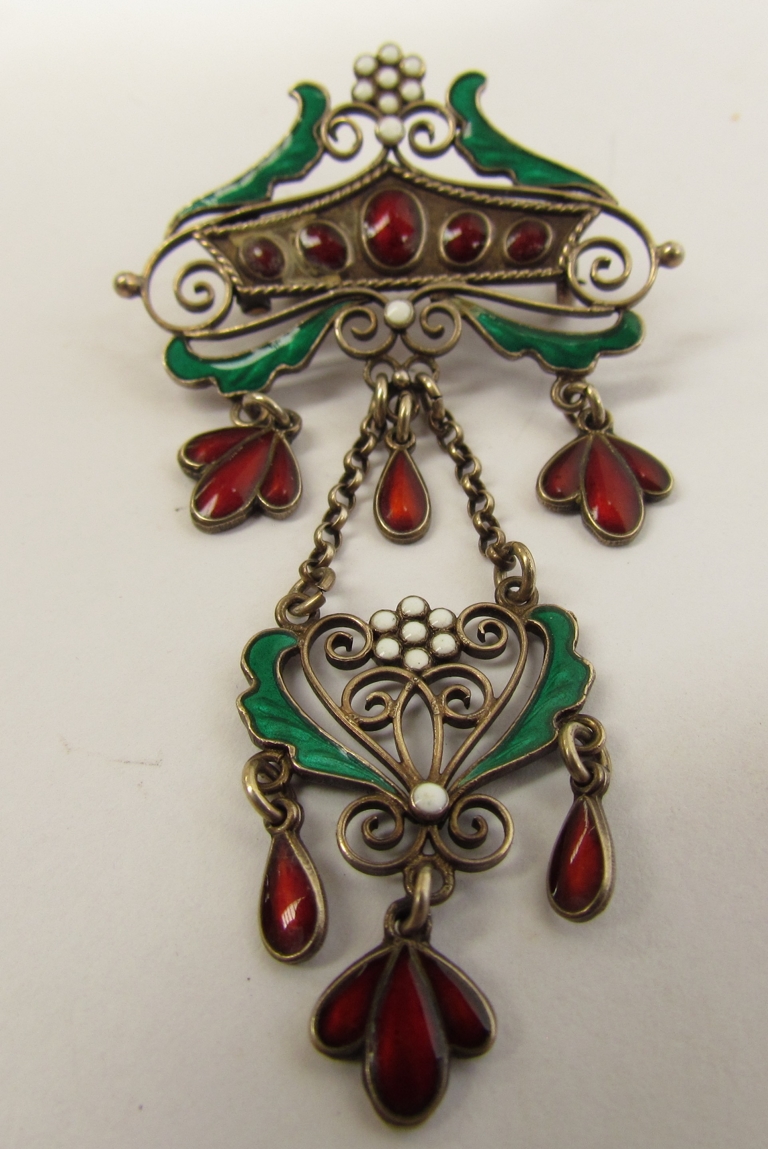 A Marius Hammer Norwegian silver enamelled brooch with droplets, stamped 930s,