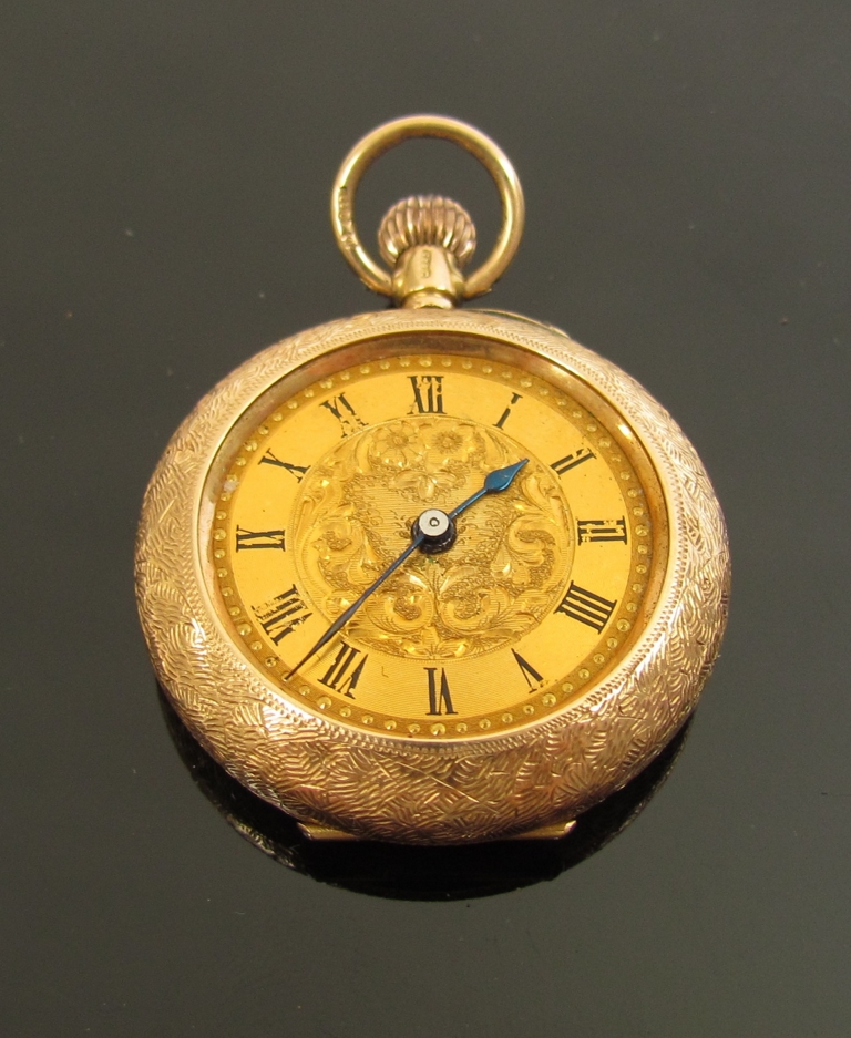 A 15ct gold engraved fob watch, (no glass) 19.