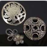 Three silver brooches including Scottish silver Celtic brooch stamped J.