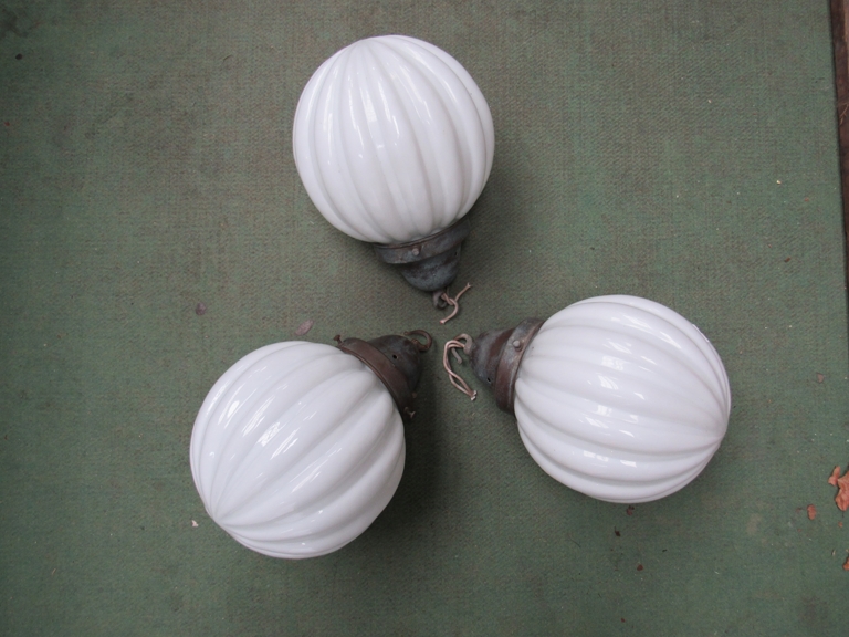 Three opaque glass melon fluted light shades