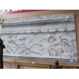 Two painted canvas panels as a faux plasterwork frieze depicting cherubs
