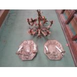 A decorative foliate five branch electrolier and two metal wall candle sconces (3)