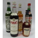 Martini Rosso, Martini Extra Dry, Pimm's, Famous Grouse Whisky and Martell V.